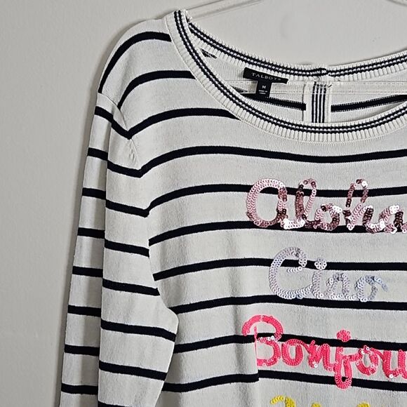 TALBOTS Ivory Hello Sequin Button-Back Crewneck Sweater Medium Black Striped - Picture 6 of 12
